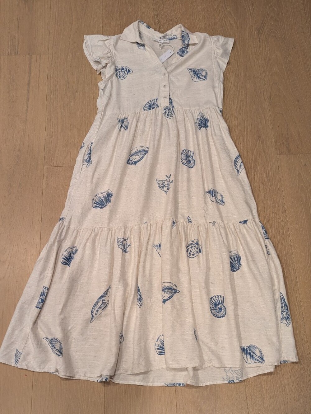 Blue Shell-Print Tiered Cream Midi Skirt
